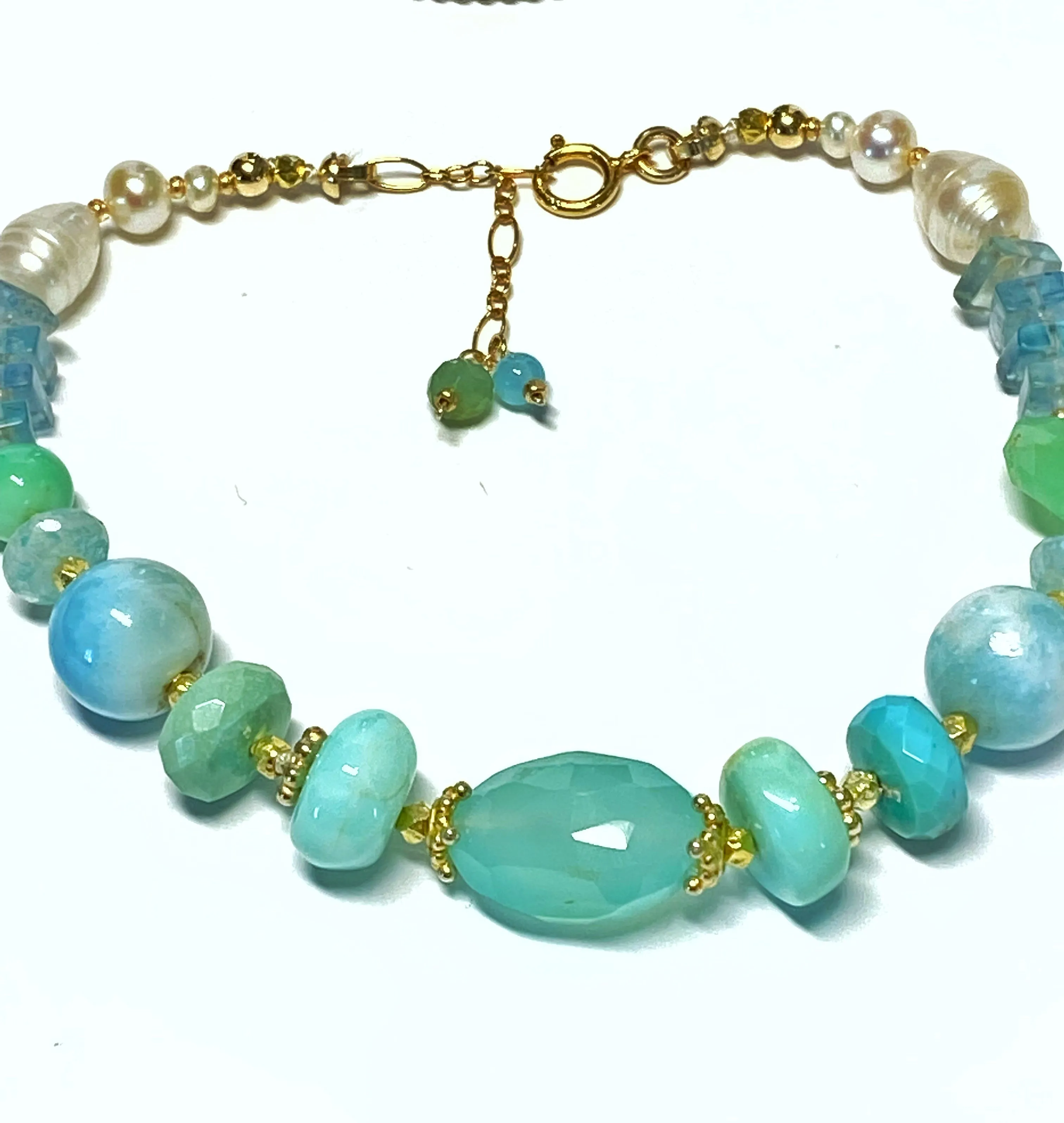 Pearl and Gem Bracelet Coastal Grandmother, Aqua Chalcedony, Larimar Bracelet