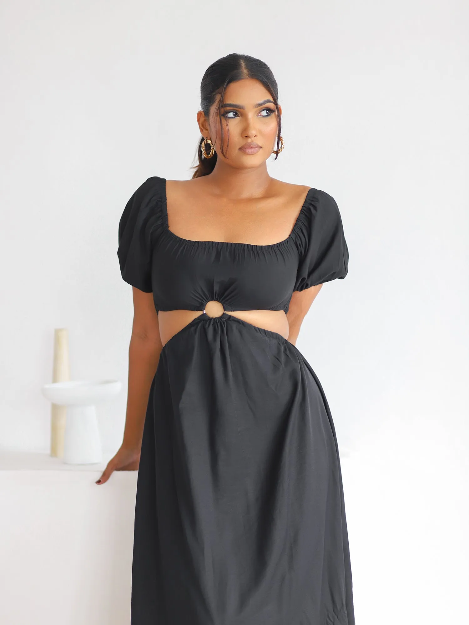Puff Sleeve Off Shoulder Midi Dress