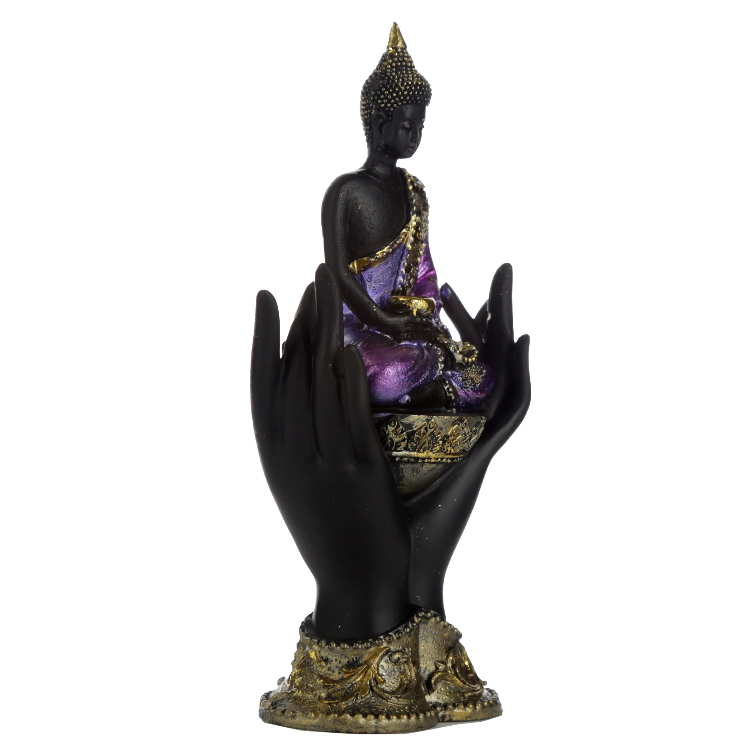 Purple, Gold and Black Thai Buddha Sitting in Hands