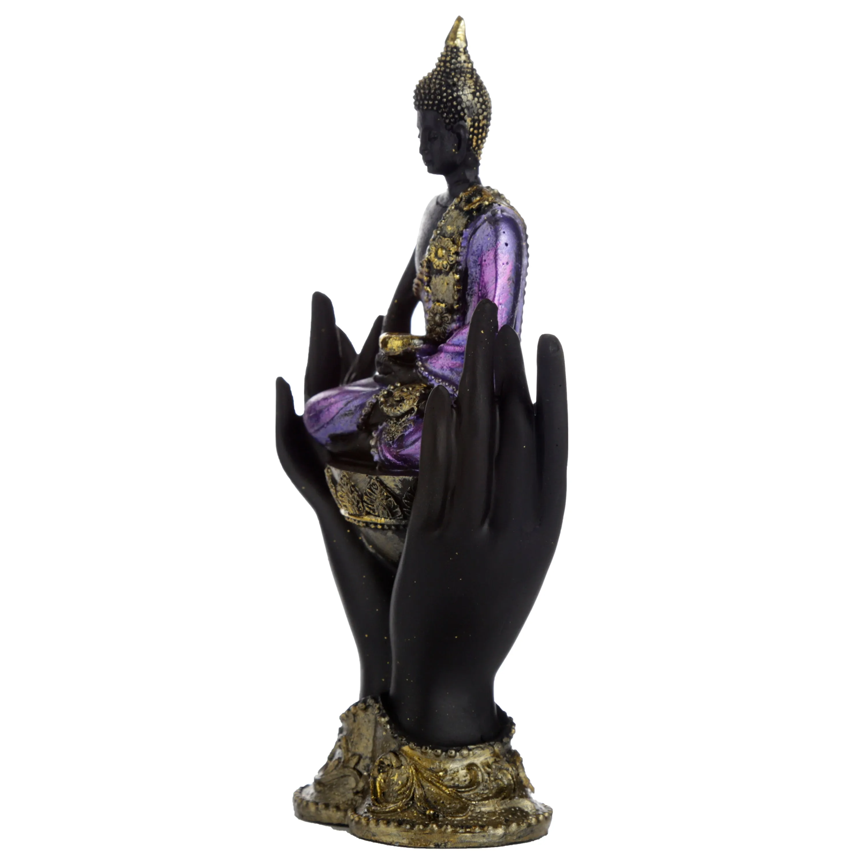 Purple, Gold and Black Thai Buddha Sitting in Hands