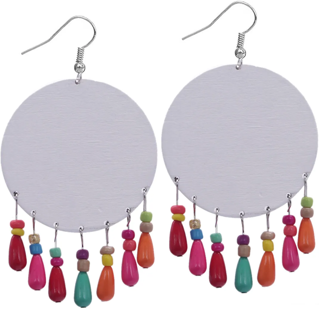 Purple Multicolor Wooden Bead Kaleidoscope Pattern Earrings