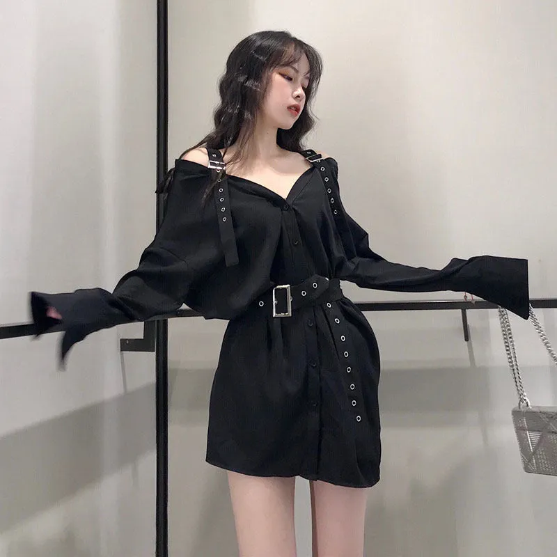 "BLACK GOTHIC OFF SHOULDER" SHIRT DRESS K082201REVIEW