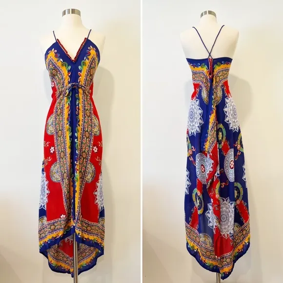 Raga Fiesta De Playa Midi Maxi Dress Crisscross Back Multicolor XS