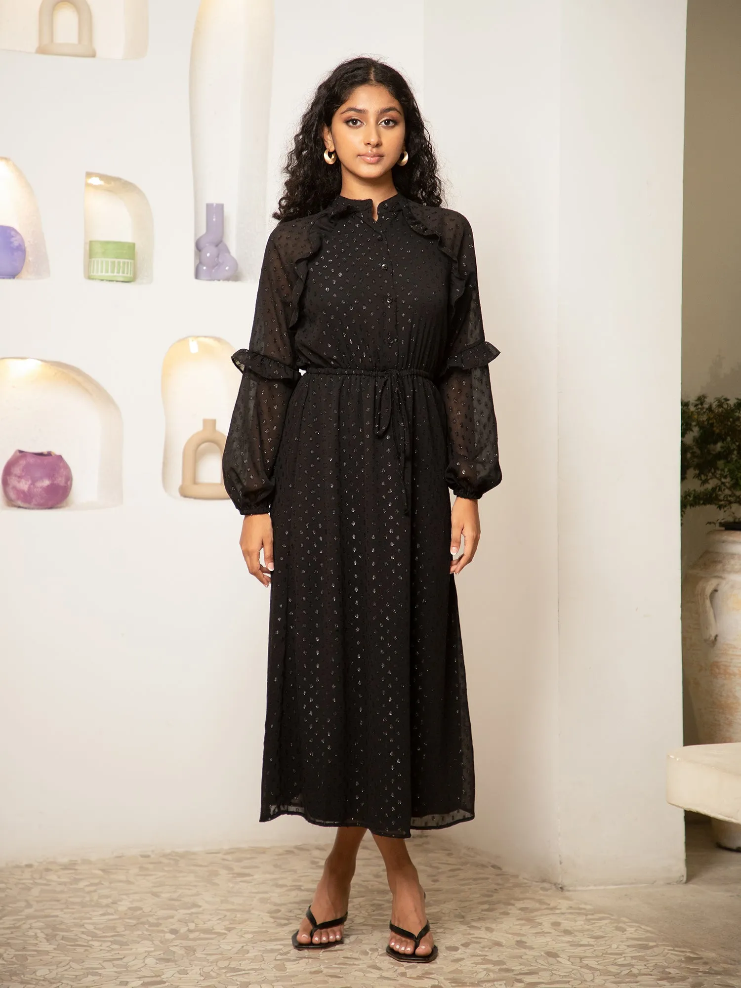 Raglan Sleeve Frill Detail Midi Dress