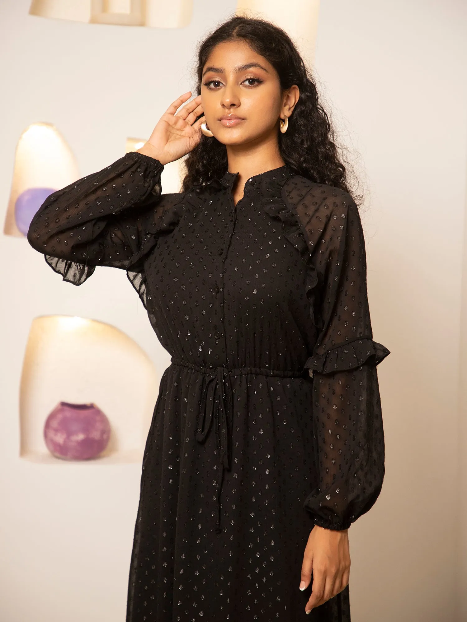 Raglan Sleeve Frill Detail Midi Dress