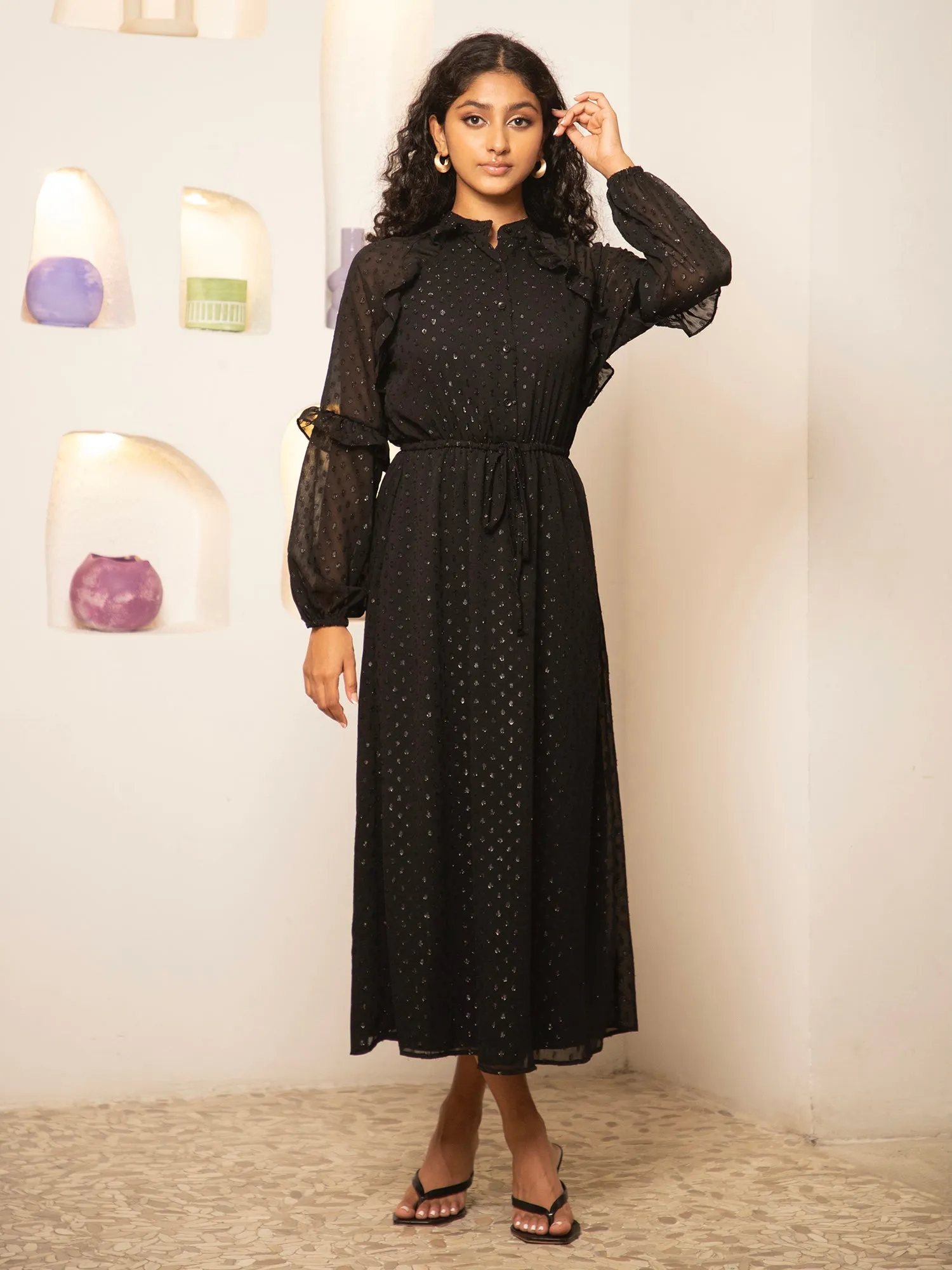 Raglan Sleeve Frill Detail Midi Dress