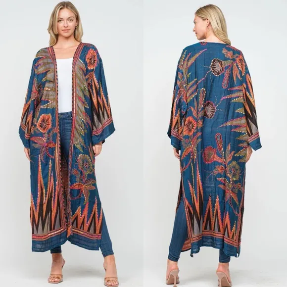 RAJ MEGHAN SAPPHIRE THICK STITCH EMBROIDERED DUSTER OS