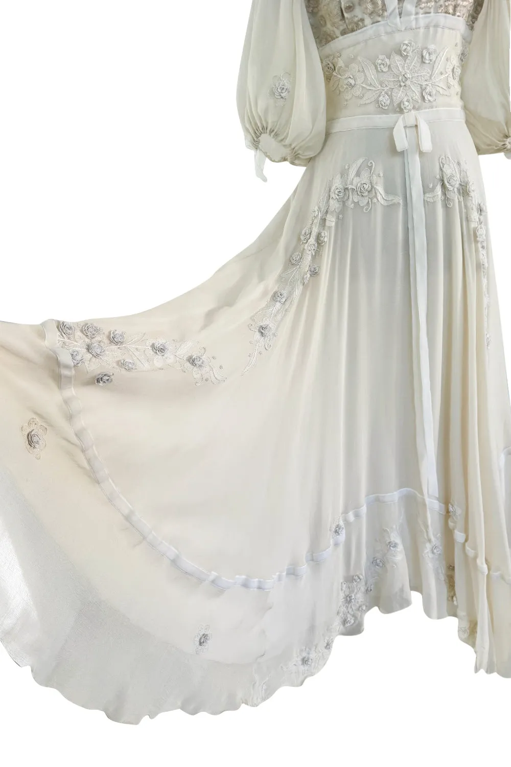 Rare 1969-75 Thea Porter Couture Embroidered Silk Organza & Gold Metallic Dress w Balloon Sleeves