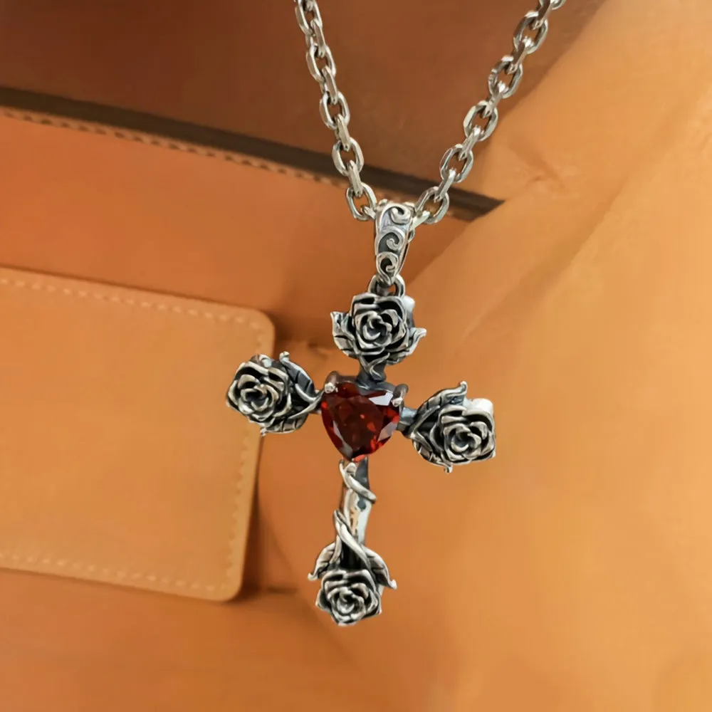 Real Solid 925 Sterling Silver Pendants Cross Rose Flower Heart CZ Inlay Gothic Jewelry