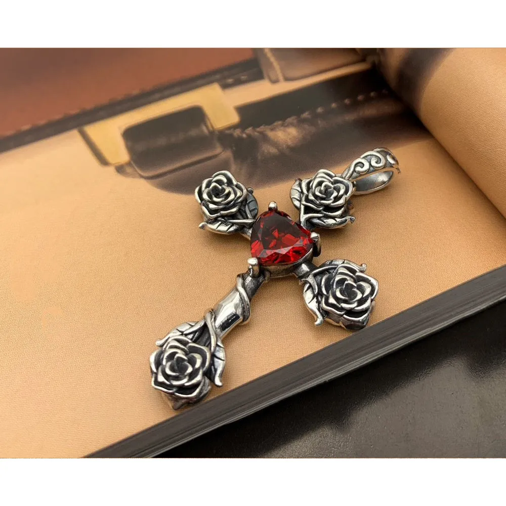 Real Solid 925 Sterling Silver Pendants Cross Rose Flower Heart CZ Inlay Gothic Jewelry