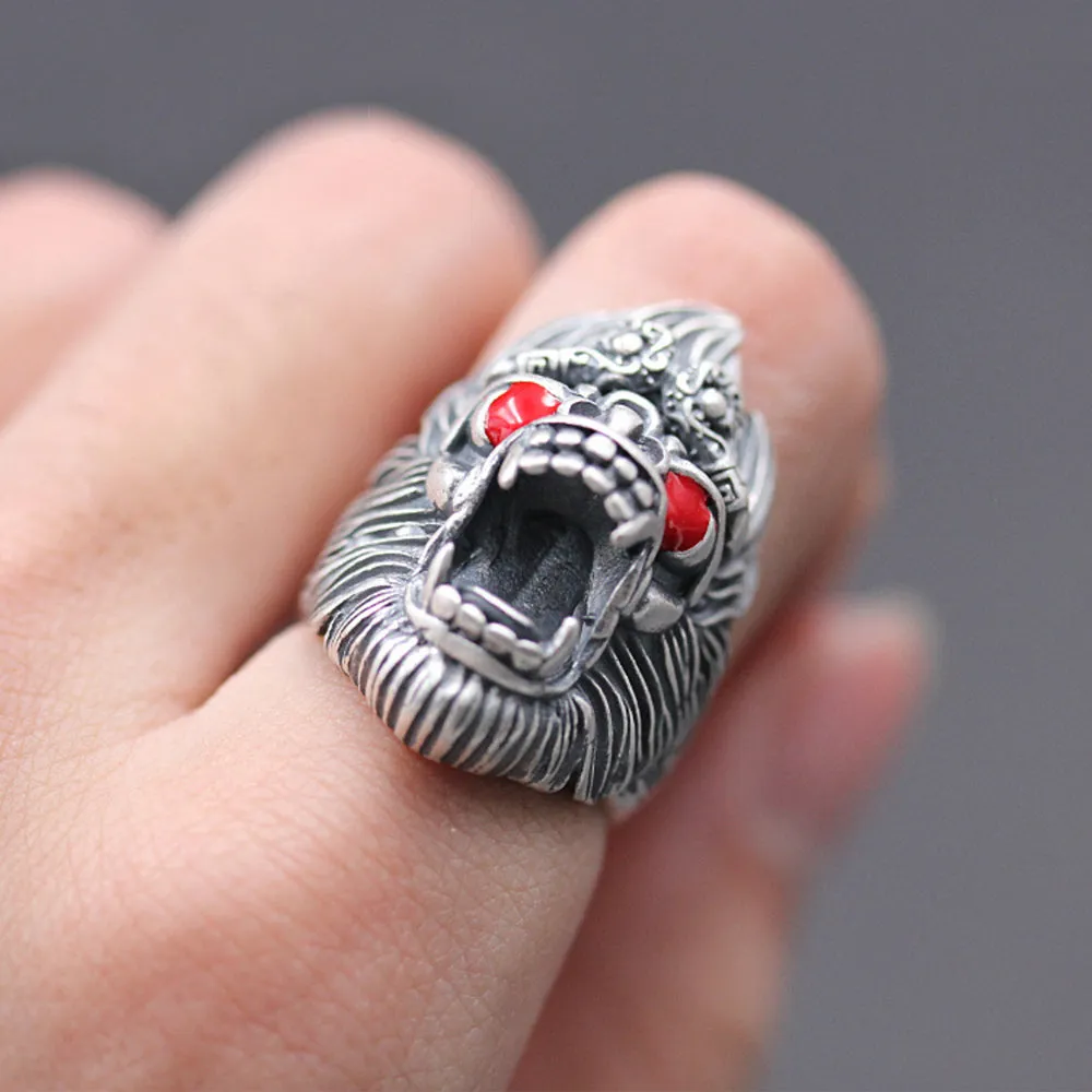 Real Solid 990 Sterling Silver Rings Animals Monkey King Warrior Fashion Jewelry Adjustable