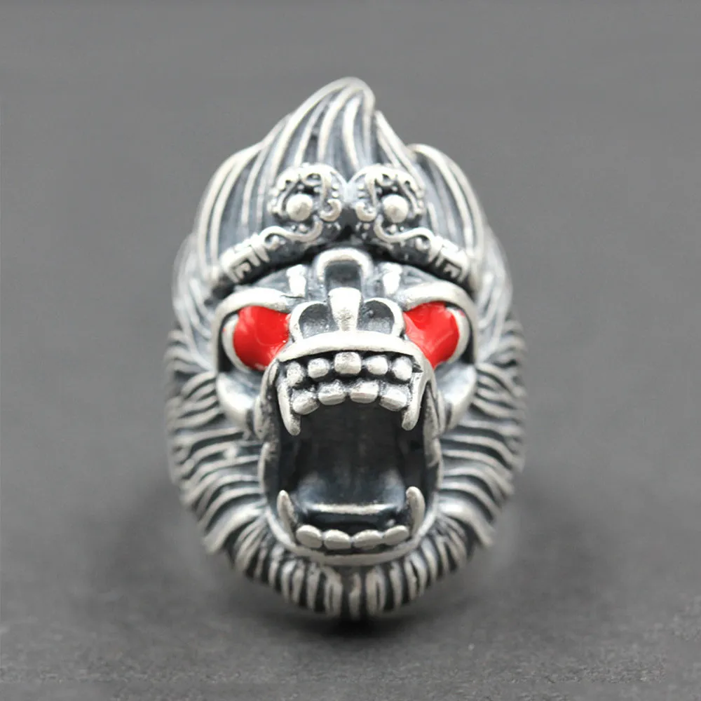 Real Solid 990 Sterling Silver Rings Animals Monkey King Warrior Fashion Jewelry Adjustable