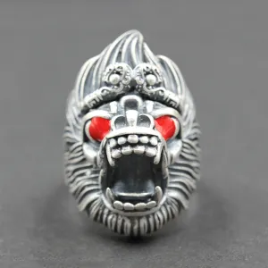 Real Solid 990 Sterling Silver Rings Animals Monkey King Warrior Fashion Jewelry Adjustable