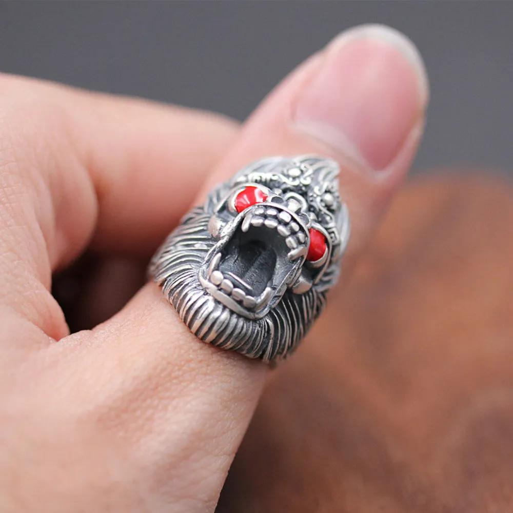 Real Solid 990 Sterling Silver Rings Animals Monkey King Warrior Fashion Jewelry Adjustable