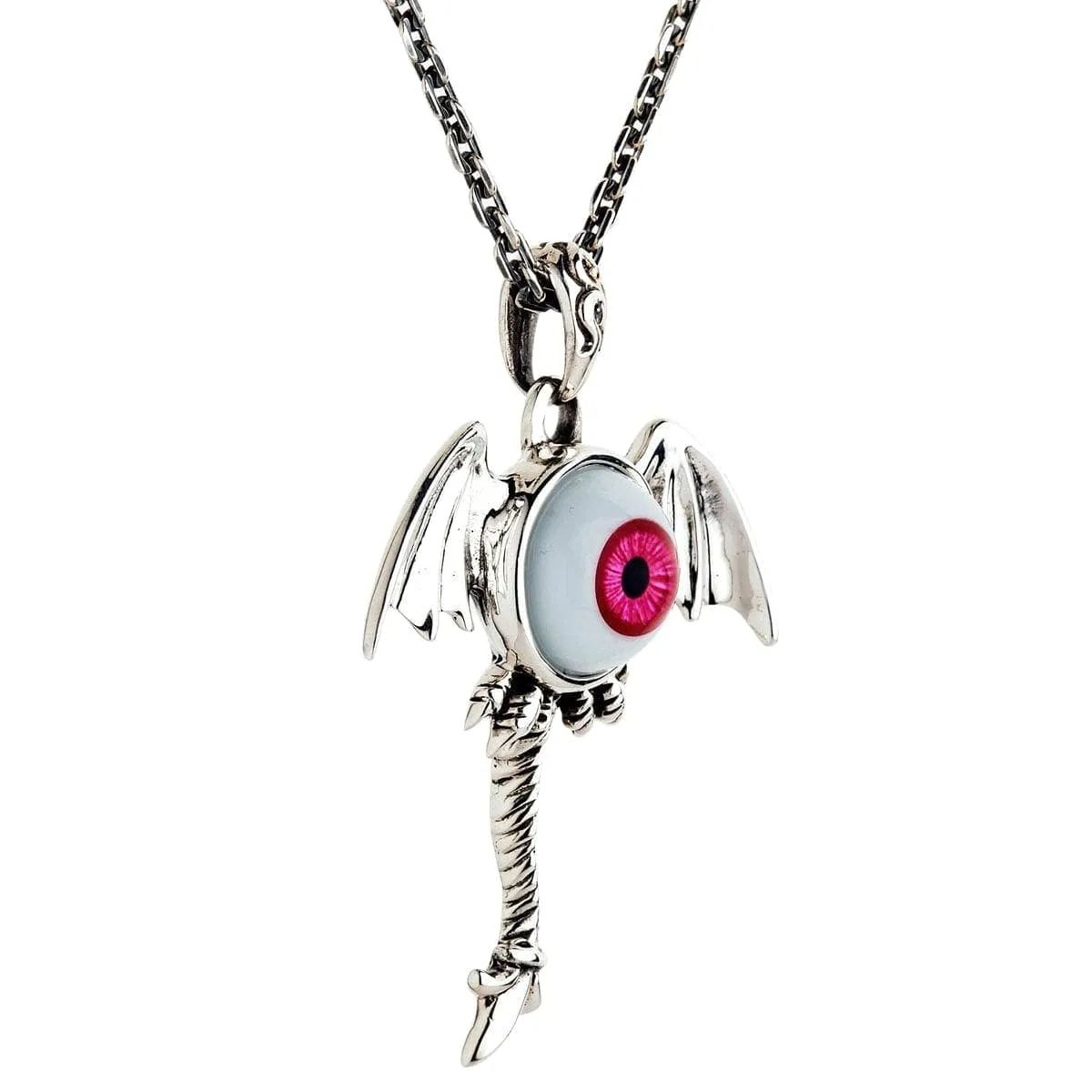Red Evil Eye Gothic Wings Sterling Silver Pendant