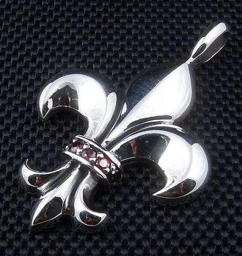 Red Garnet Fleur De Lis Sterling Silver Pendant