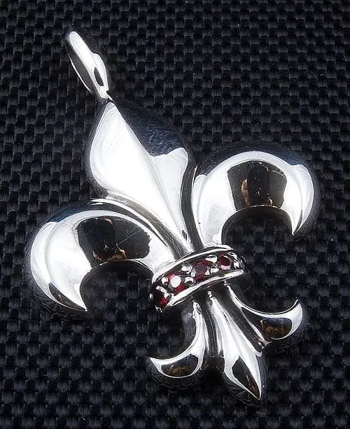 Red Garnet Fleur De Lis Sterling Silver Pendant