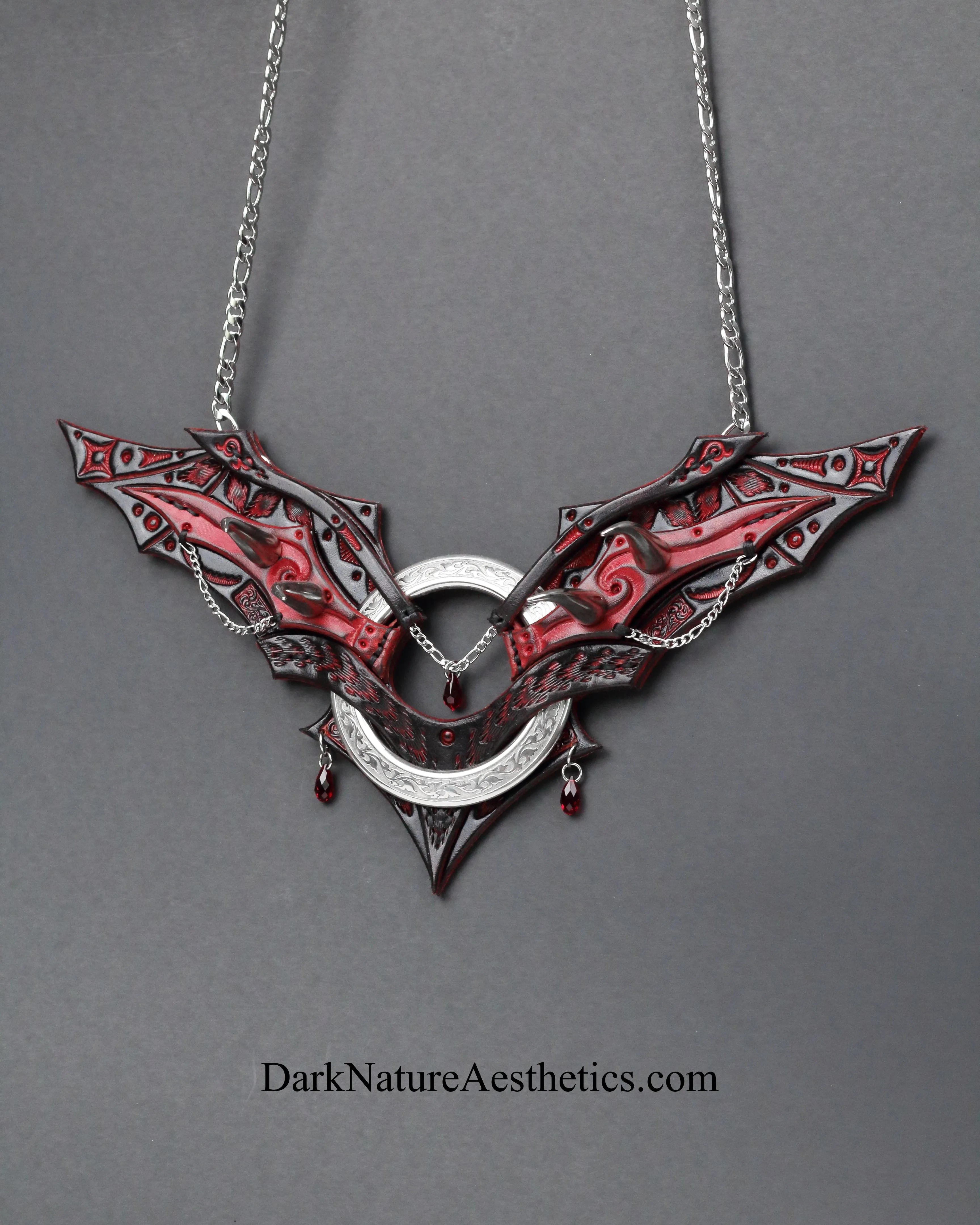 Red "Chiroptera" Bat Wing Ring Leather Necklace