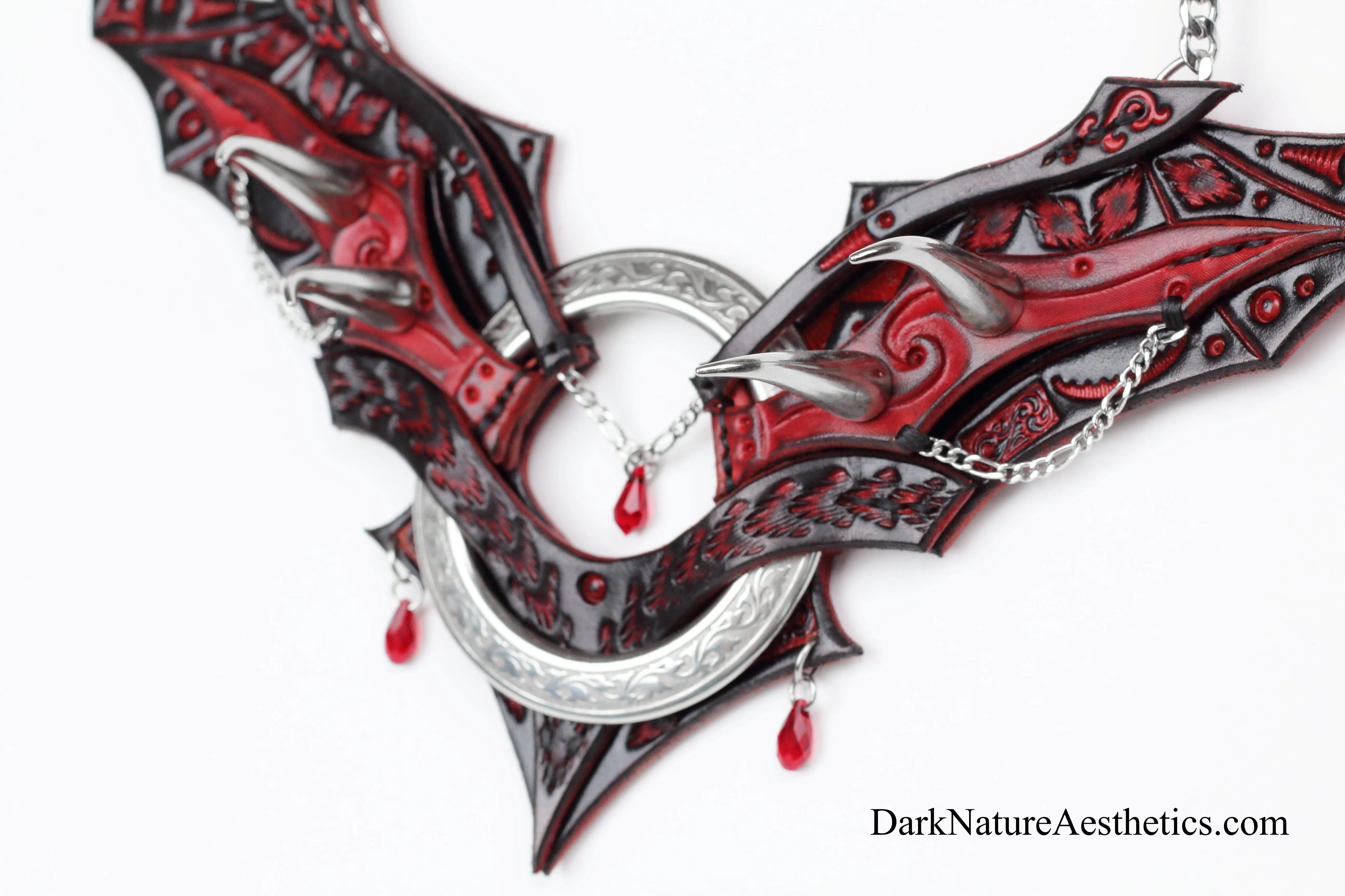 Red "Chiroptera" Bat Wing Ring Leather Necklace