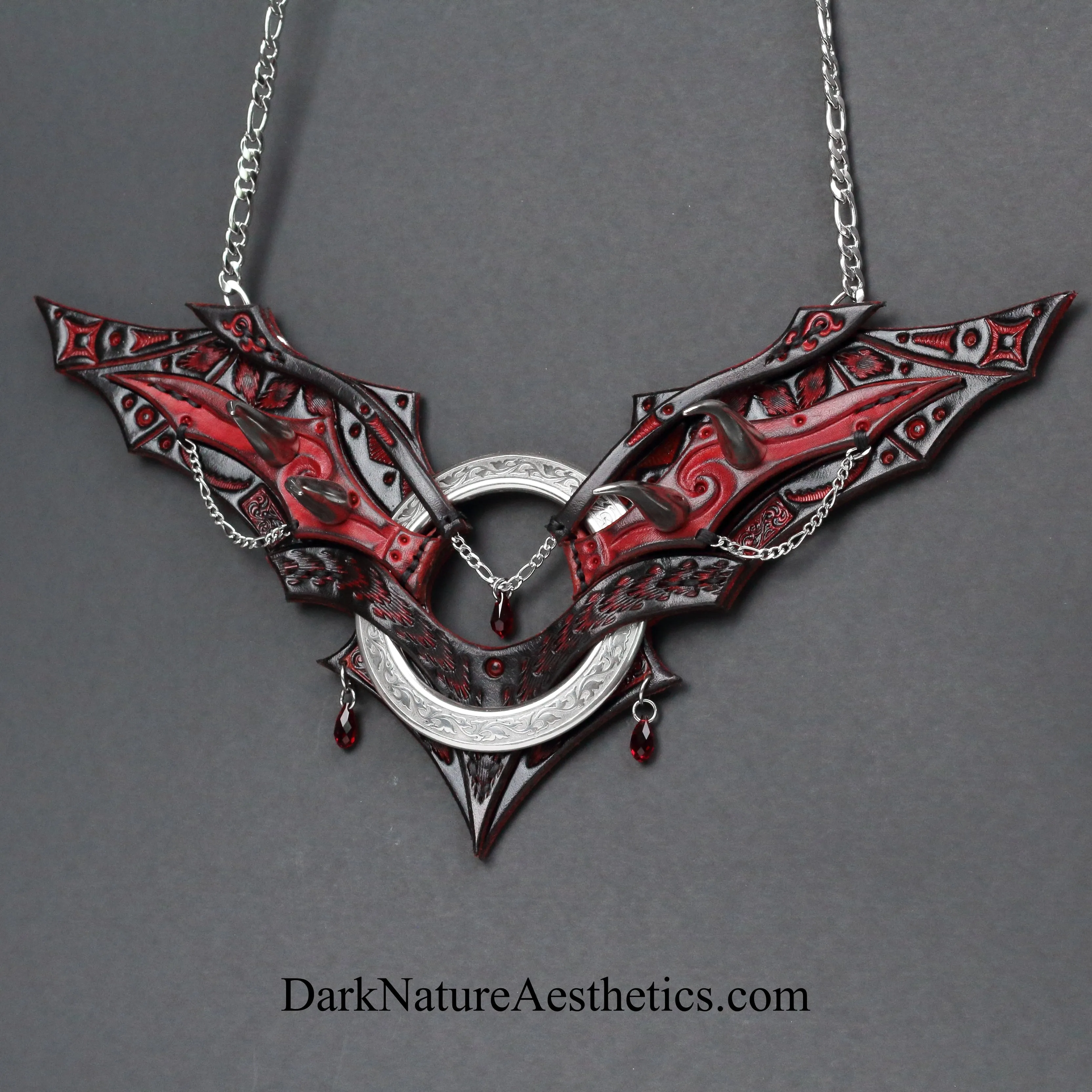 Red "Chiroptera" Bat Wing Ring Leather Necklace
