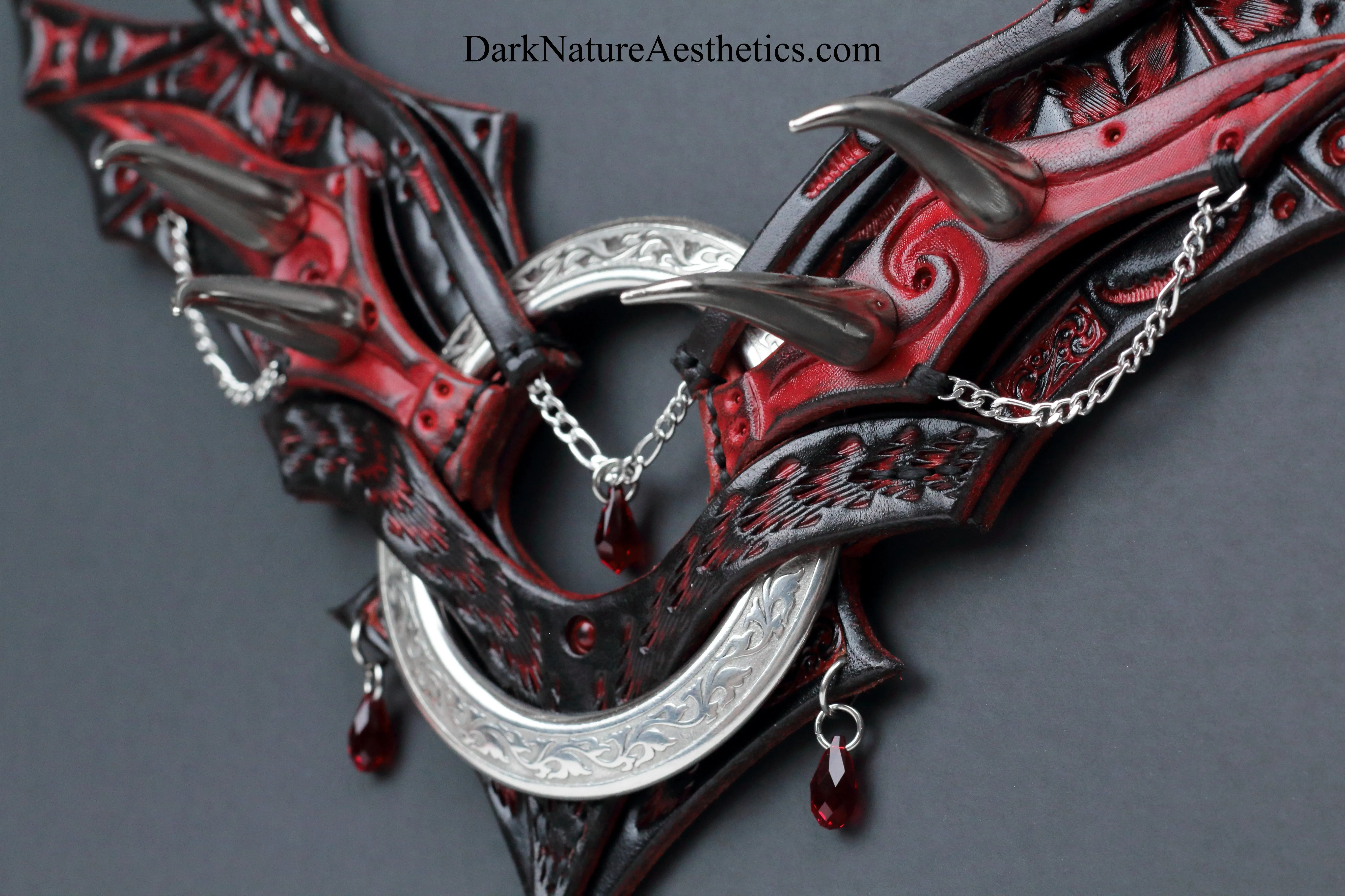 Red "Chiroptera" Bat Wing Ring Leather Necklace