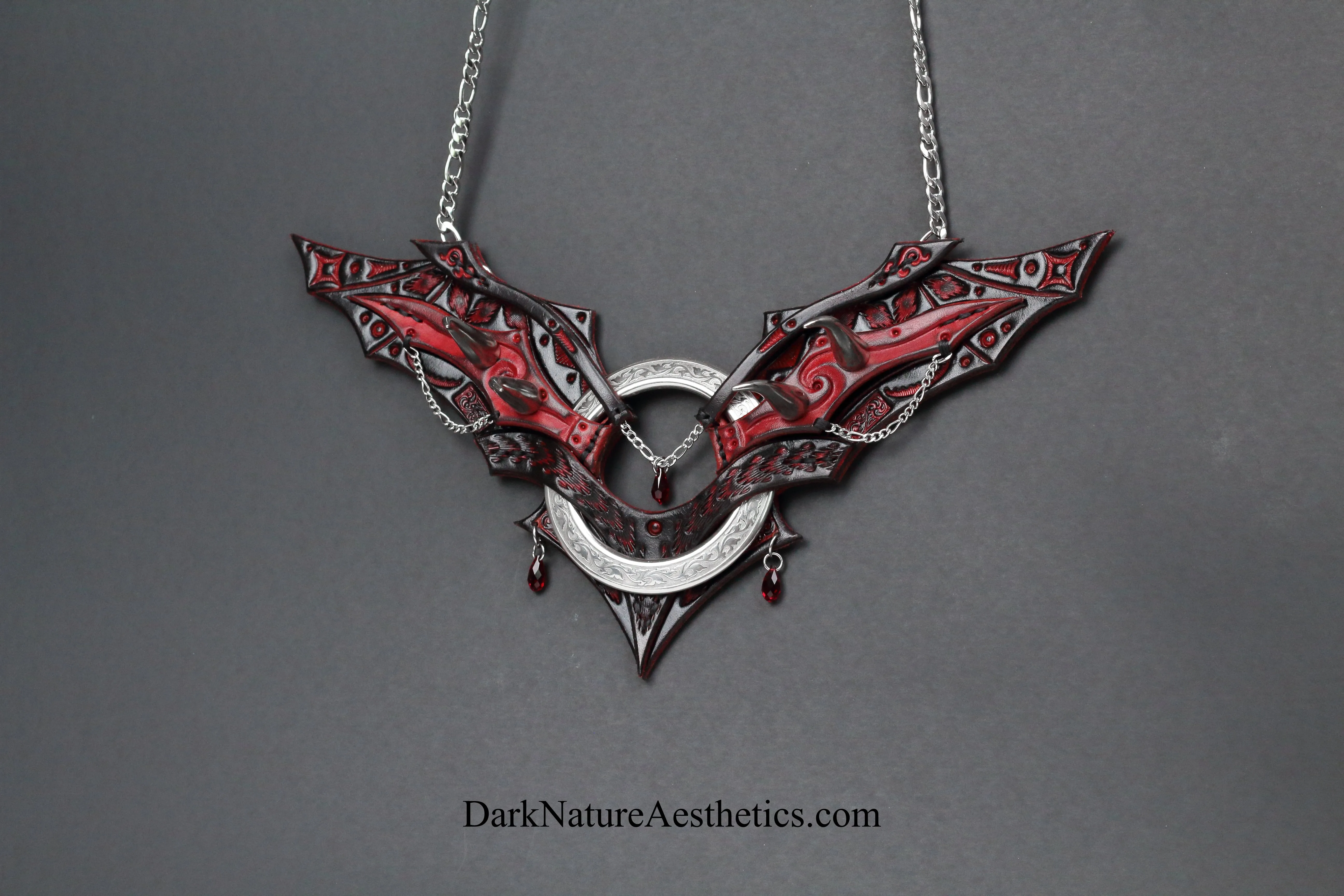 Red "Chiroptera" Bat Wing Ring Leather Necklace