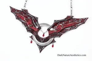 Red "Chiroptera" Bat Wing Ring Leather Necklace