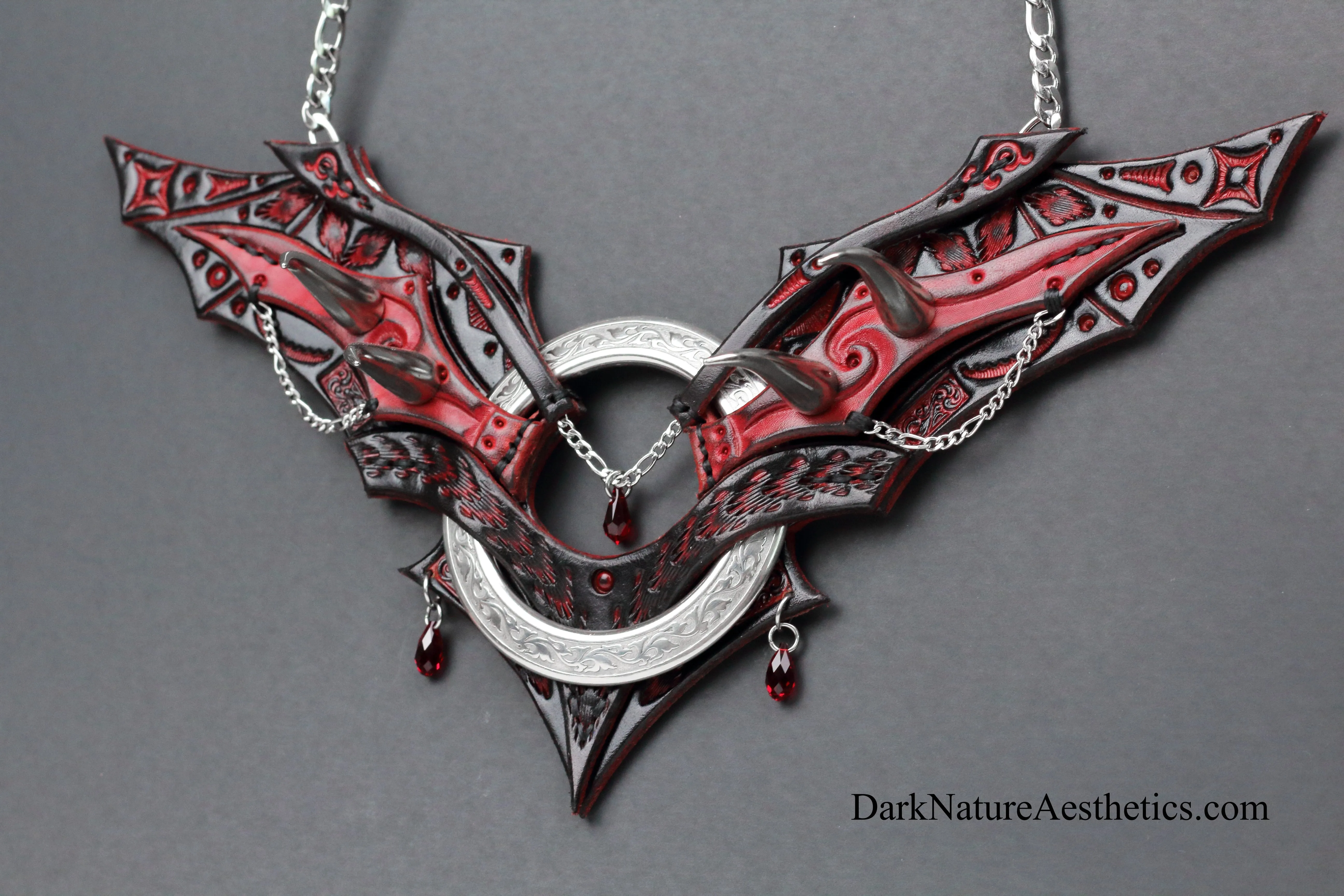 Red "Chiroptera" Bat Wing Ring Leather Necklace