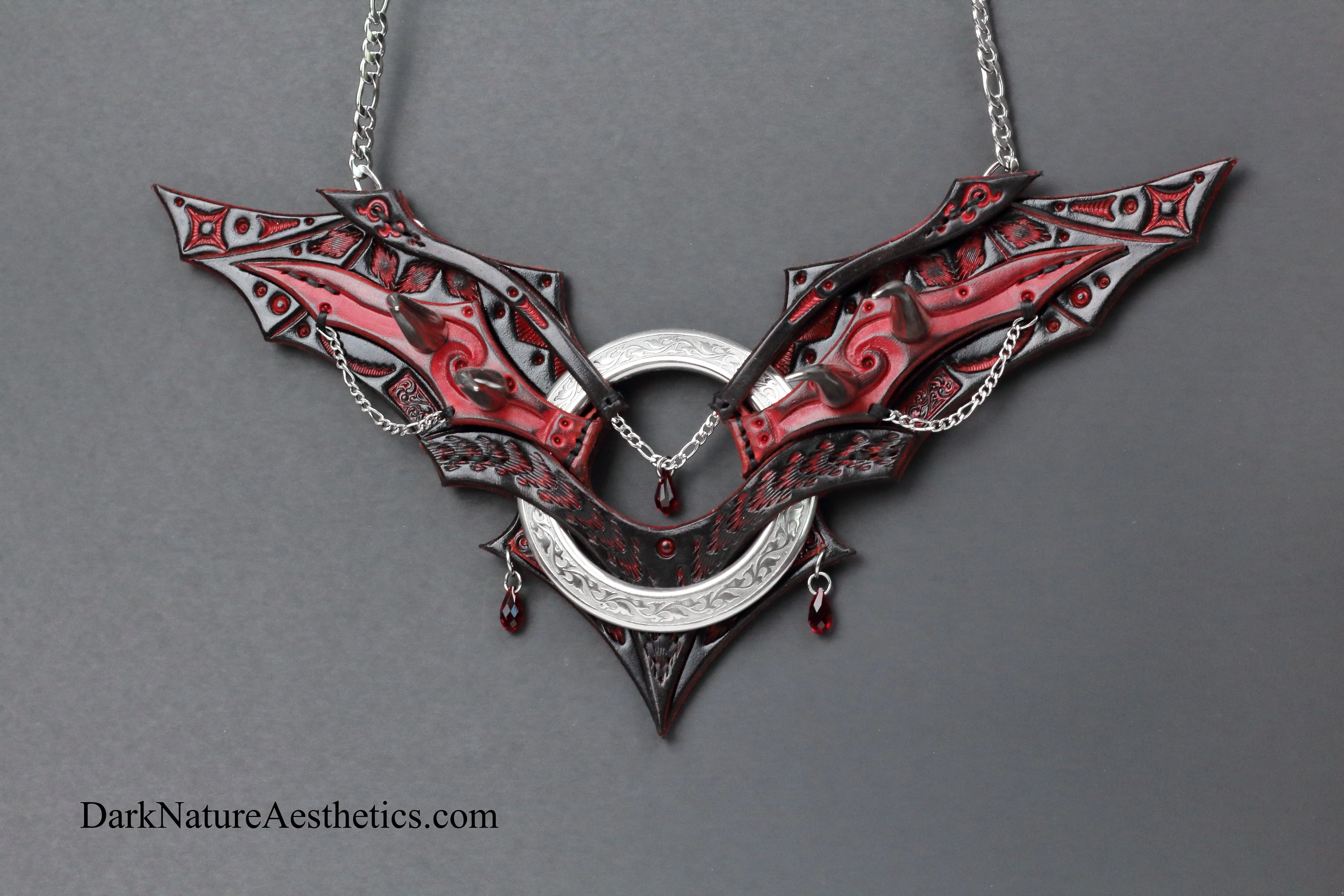 Red "Chiroptera" Bat Wing Ring Leather Necklace
