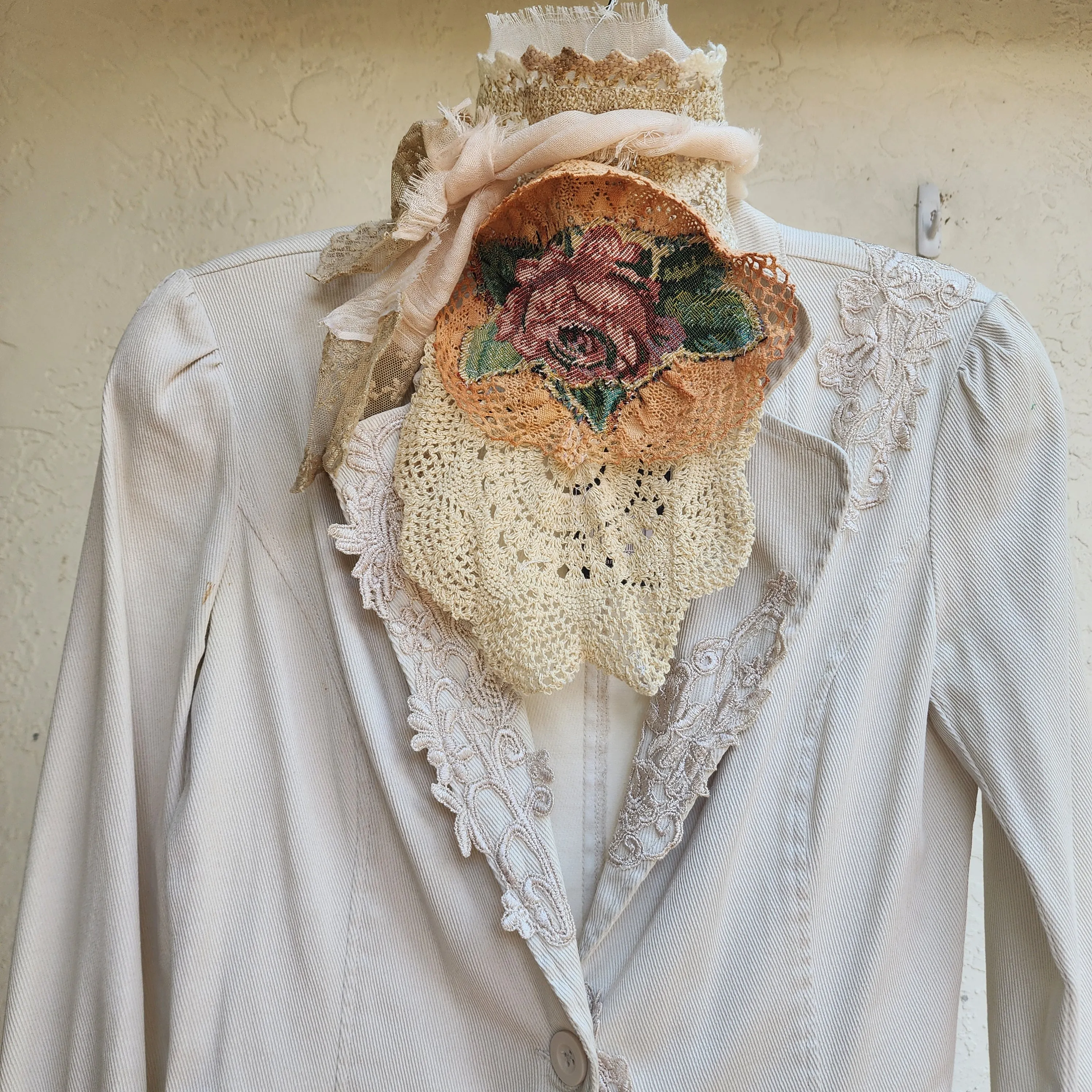 Rose DeWitt /  Designer Necklace Antique Jabot Vintage Lace Jabot Tie Upcycled Vintage Cotton  Bow Jabot Upcycled Silk Tie