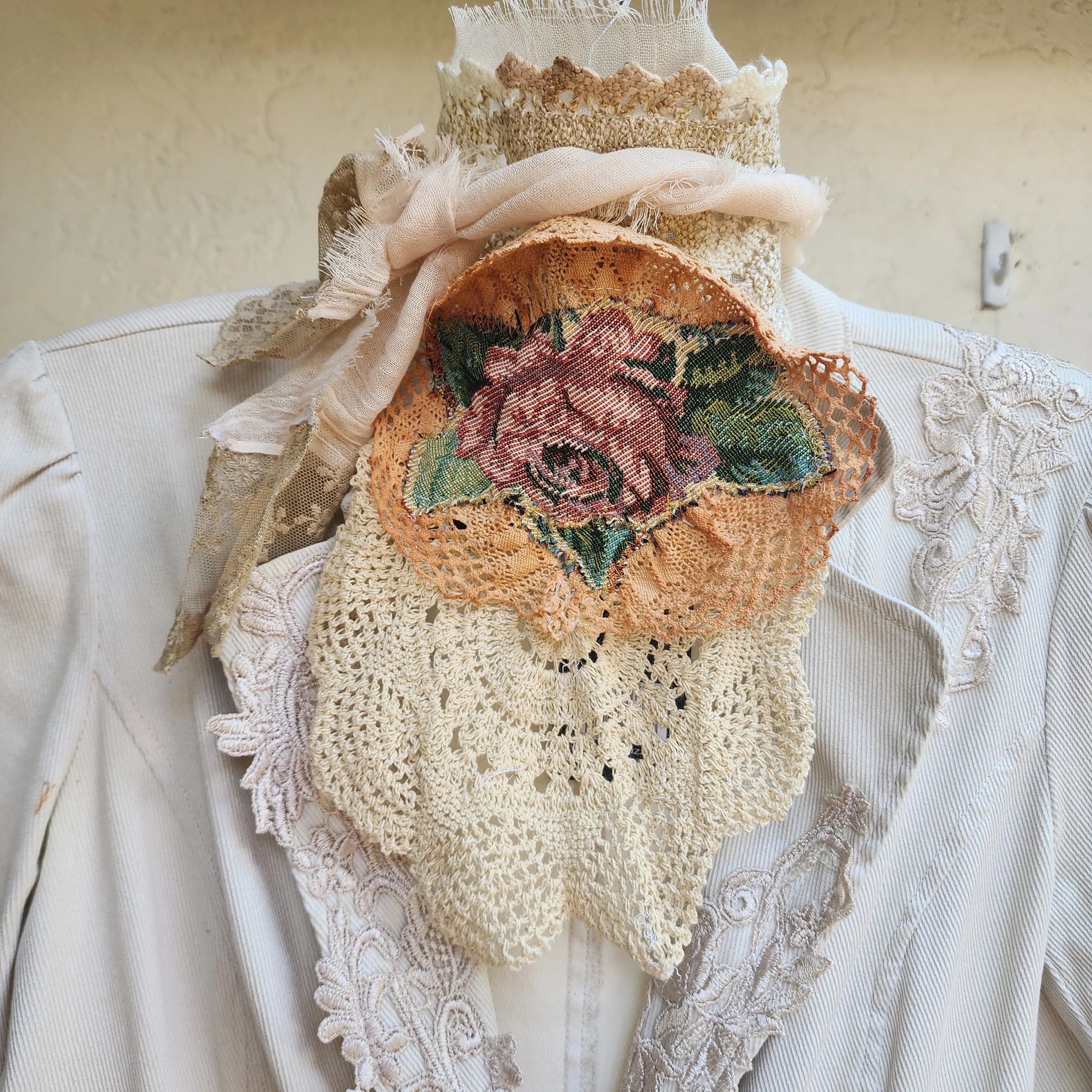 Rose DeWitt /  Designer Necklace Antique Jabot Vintage Lace Jabot Tie Upcycled Vintage Cotton  Bow Jabot Upcycled Silk Tie