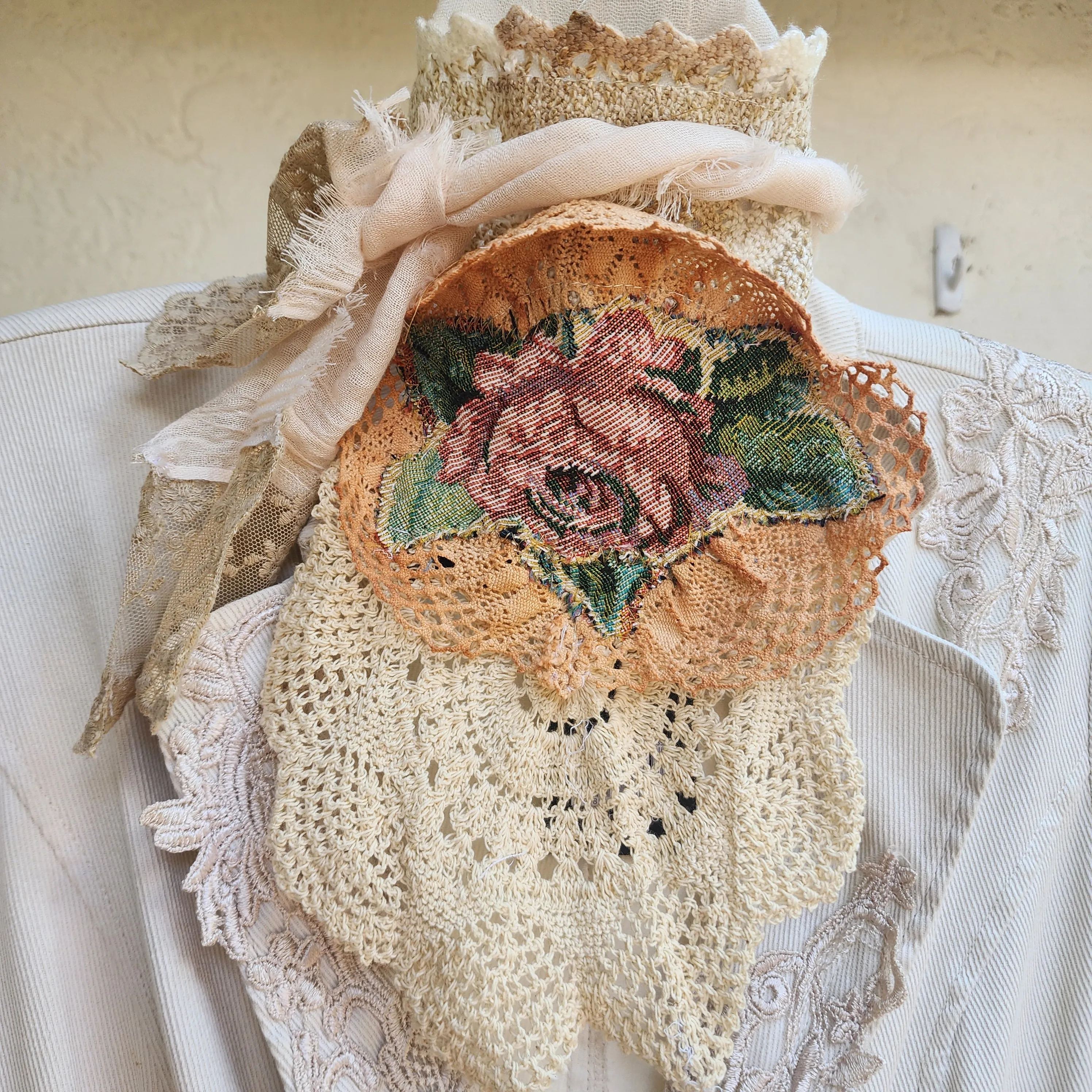 Rose DeWitt /  Designer Necklace Antique Jabot Vintage Lace Jabot Tie Upcycled Vintage Cotton  Bow Jabot Upcycled Silk Tie