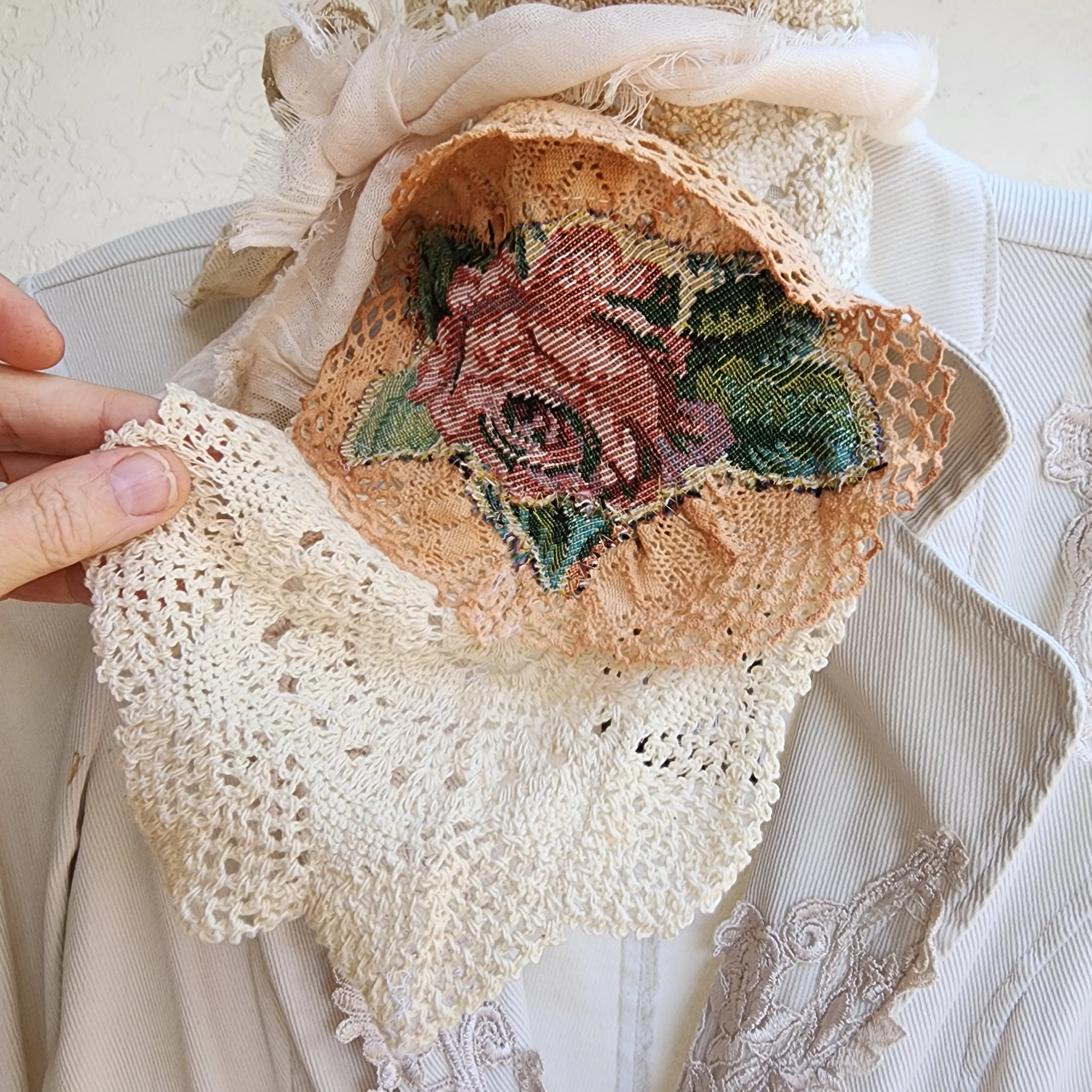 Rose DeWitt /  Designer Necklace Antique Jabot Vintage Lace Jabot Tie Upcycled Vintage Cotton  Bow Jabot Upcycled Silk Tie