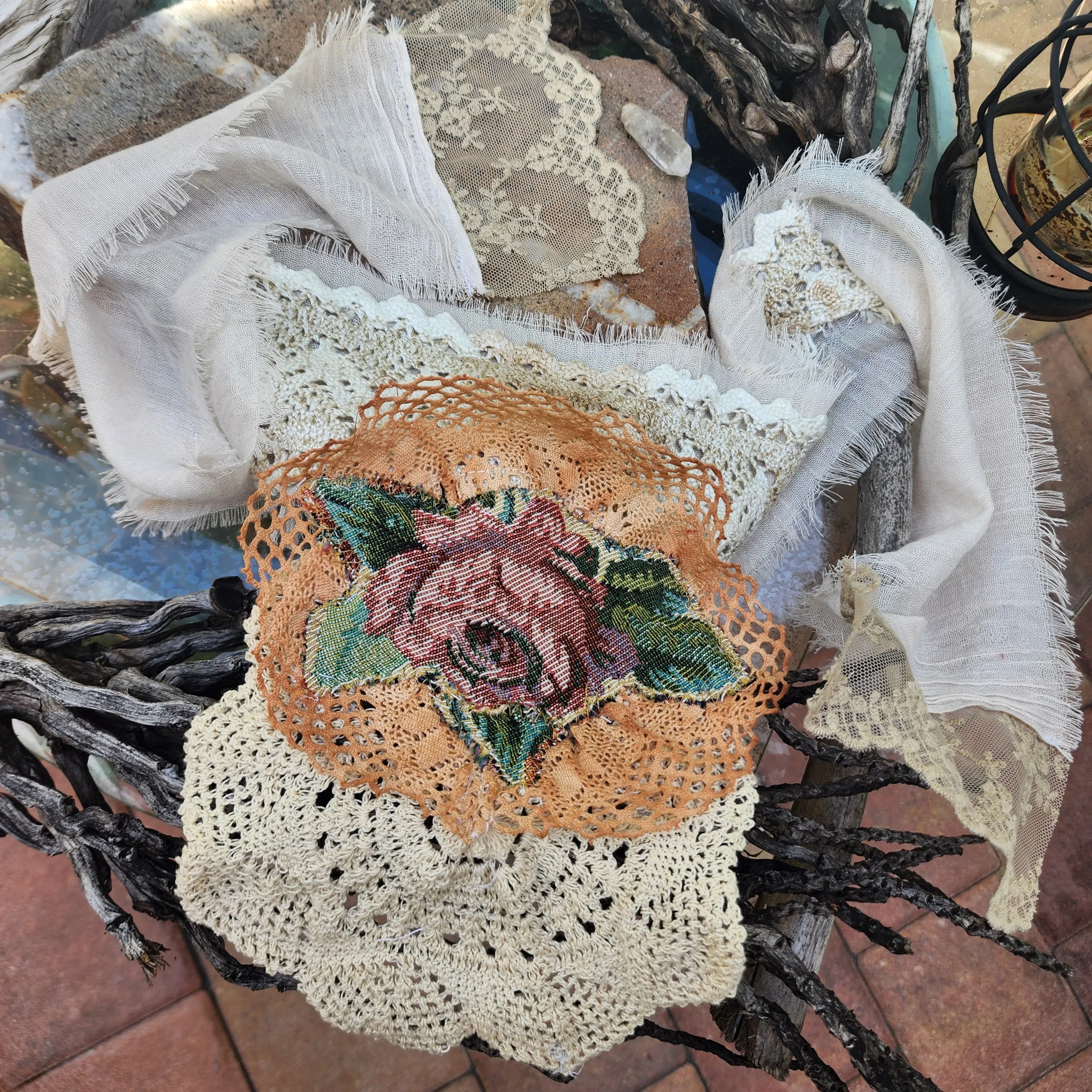 Rose DeWitt /  Designer Necklace Antique Jabot Vintage Lace Jabot Tie Upcycled Vintage Cotton  Bow Jabot Upcycled Silk Tie