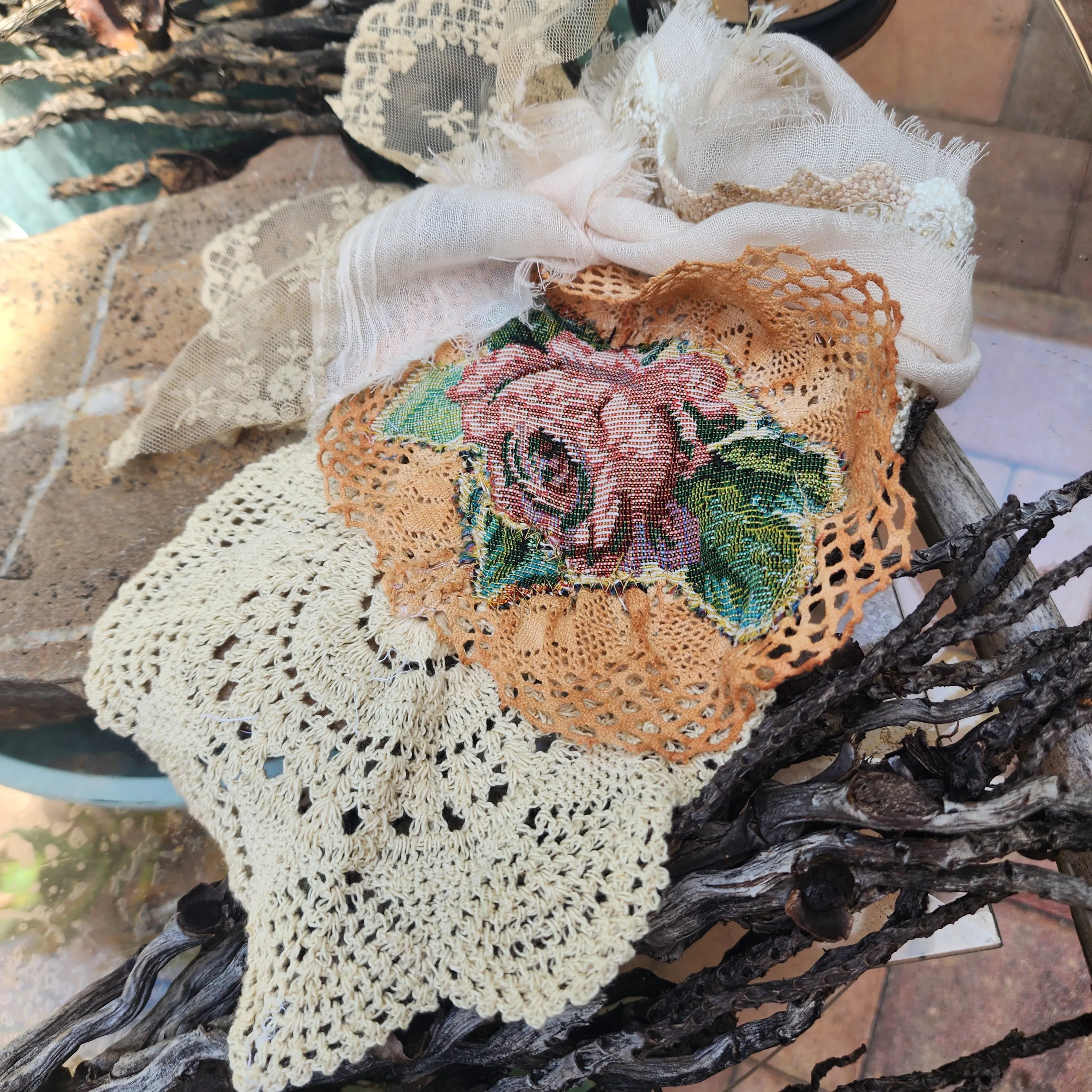Rose DeWitt /  Designer Necklace Antique Jabot Vintage Lace Jabot Tie Upcycled Vintage Cotton  Bow Jabot Upcycled Silk Tie