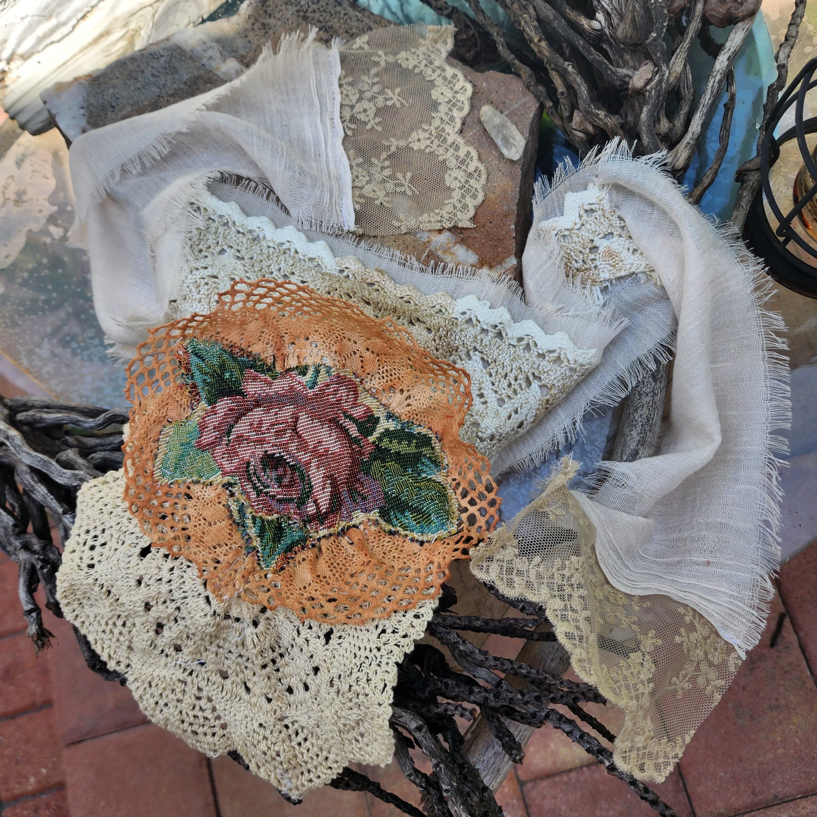 Rose DeWitt /  Designer Necklace Antique Jabot Vintage Lace Jabot Tie Upcycled Vintage Cotton  Bow Jabot Upcycled Silk Tie