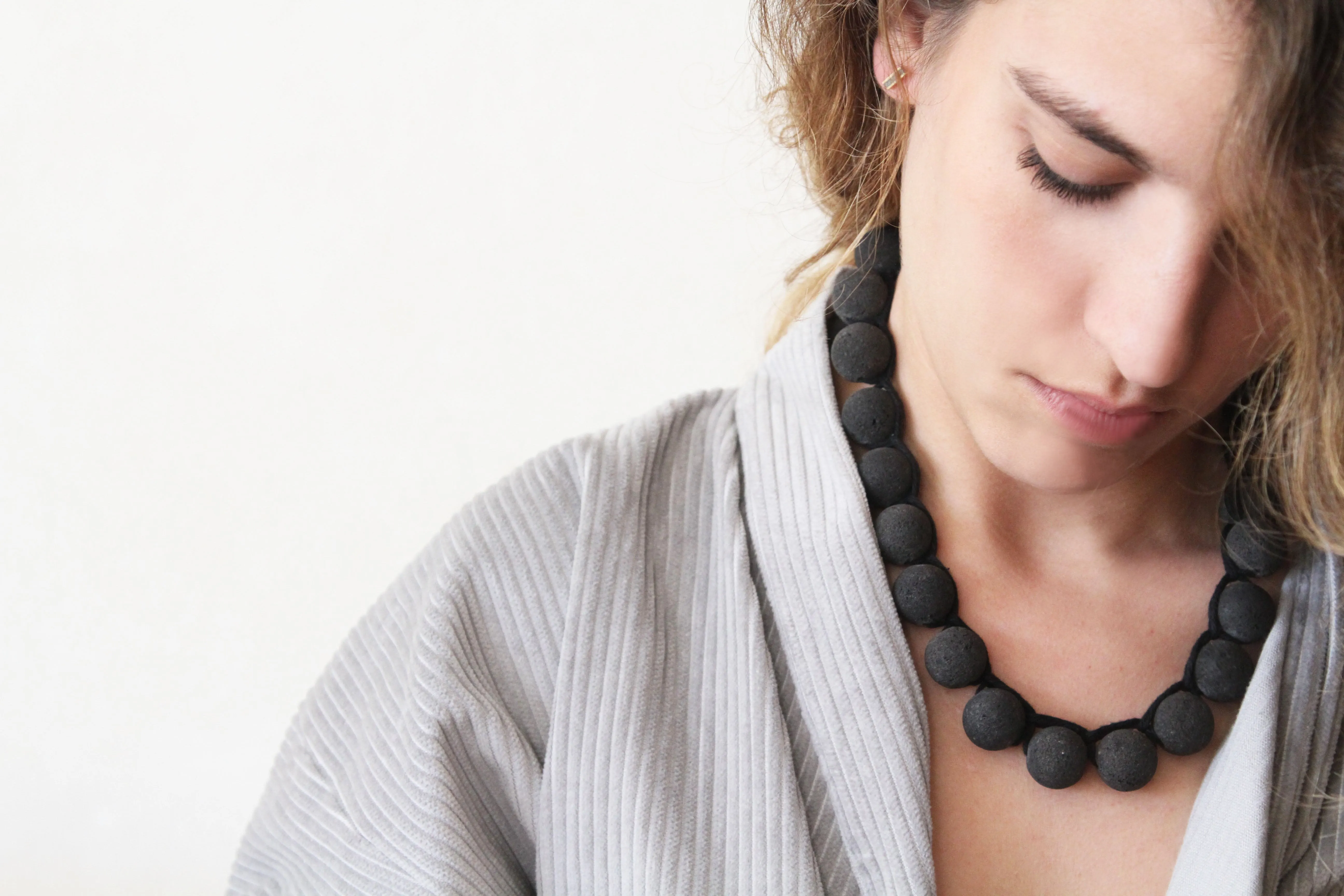 Rough knitted Black Lava Boho necklace