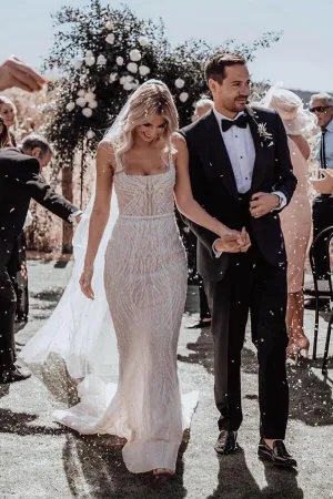 Roycebridal Gorgeous Mermaid Sleeveless Spaghetti Straps Lace Wedding Dresses, MW795