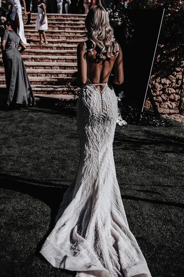 Roycebridal Gorgeous Mermaid Sleeveless Spaghetti Straps Lace Wedding Dresses, MW795