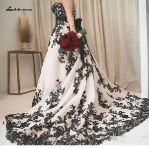 Roycebridal Gothic Black and White Wedding DressesLace Appliques