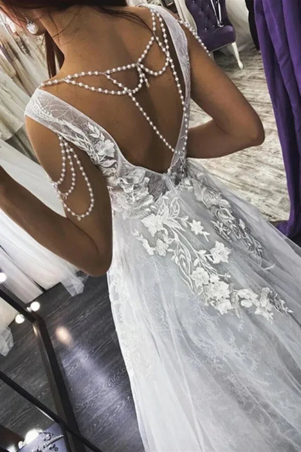 Roycebridal Ivory Tulle Lace Appliques A-line V-neck Beaded Wedding Dresses, MW850