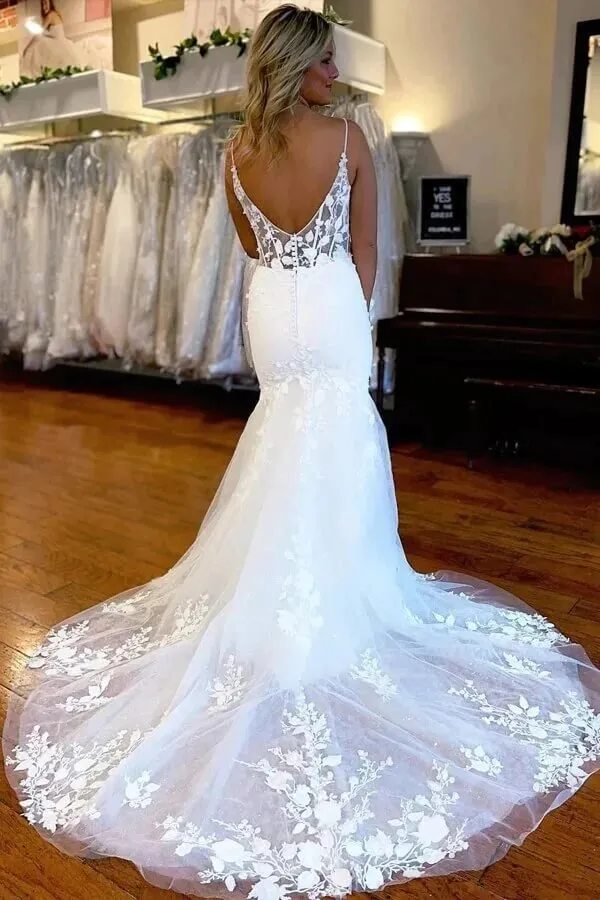 Roycebridal Satin Mermaid Lace Appliques Wedding Dresses With Slit, Bridal Gowns, MW862