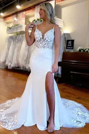 Roycebridal Satin Mermaid Lace Appliques Wedding Dresses With Slit, Bridal Gowns, MW862