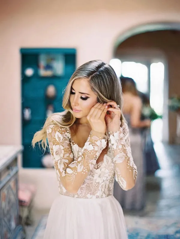 Roycebridal See Through Beaded Floral Lace Long Sleeve Boho Wedding Dresses,MW269
