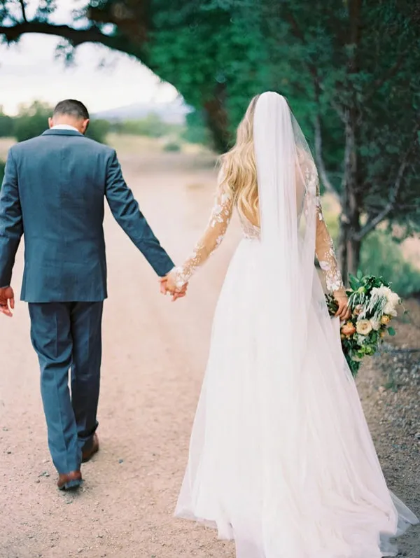 Roycebridal See Through Beaded Floral Lace Long Sleeve Boho Wedding Dresses,MW269