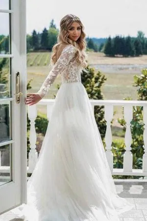 Roycebridal See Through Beaded Floral Lace Long Sleeve Boho Wedding Dresses,MW269