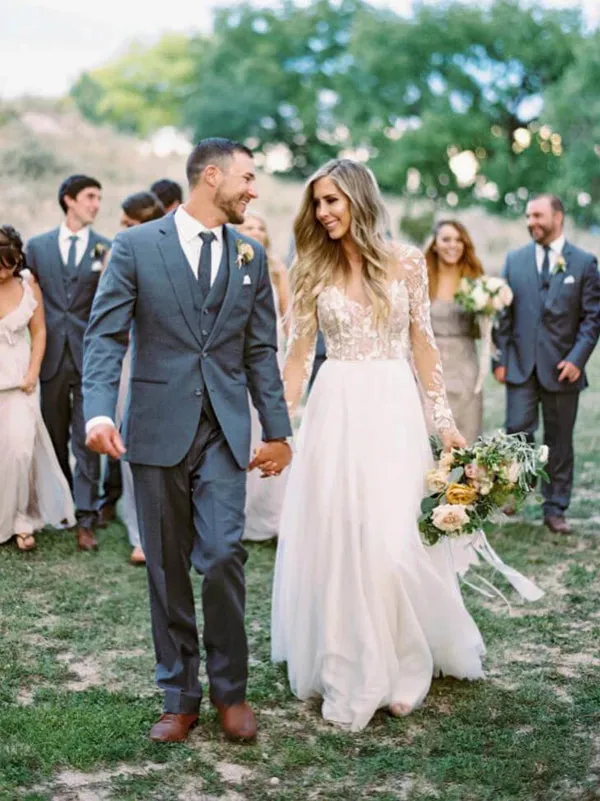 Roycebridal See Through Beaded Floral Lace Long Sleeve Boho Wedding Dresses,MW269