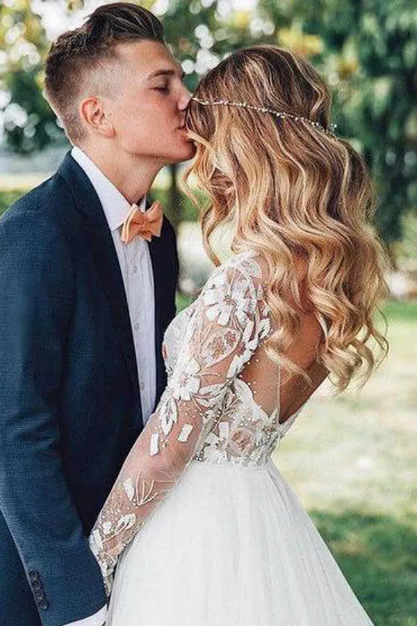Roycebridal See Through Beaded Floral Lace Long Sleeve Boho Wedding Dresses,MW269