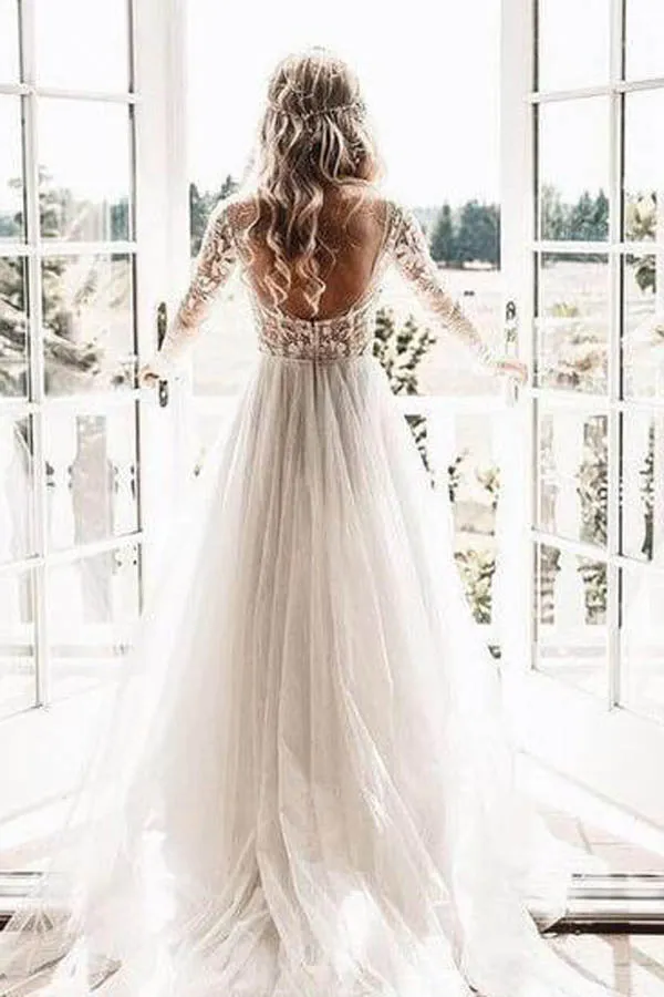 Roycebridal See Through Beaded Floral Lace Long Sleeve Boho Wedding Dresses,MW269