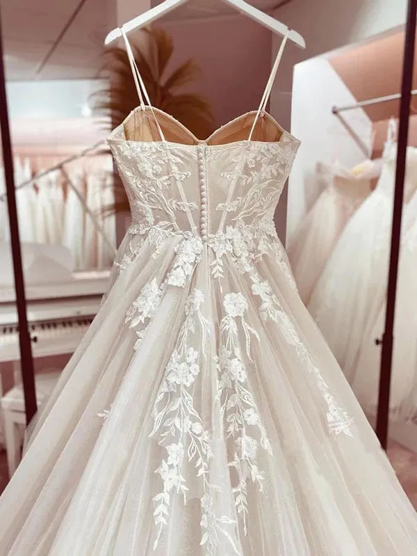 Roycebridal Tulle A-line Sweetheart Spaghetti Straps Wedding Dress With Appliques, MW948